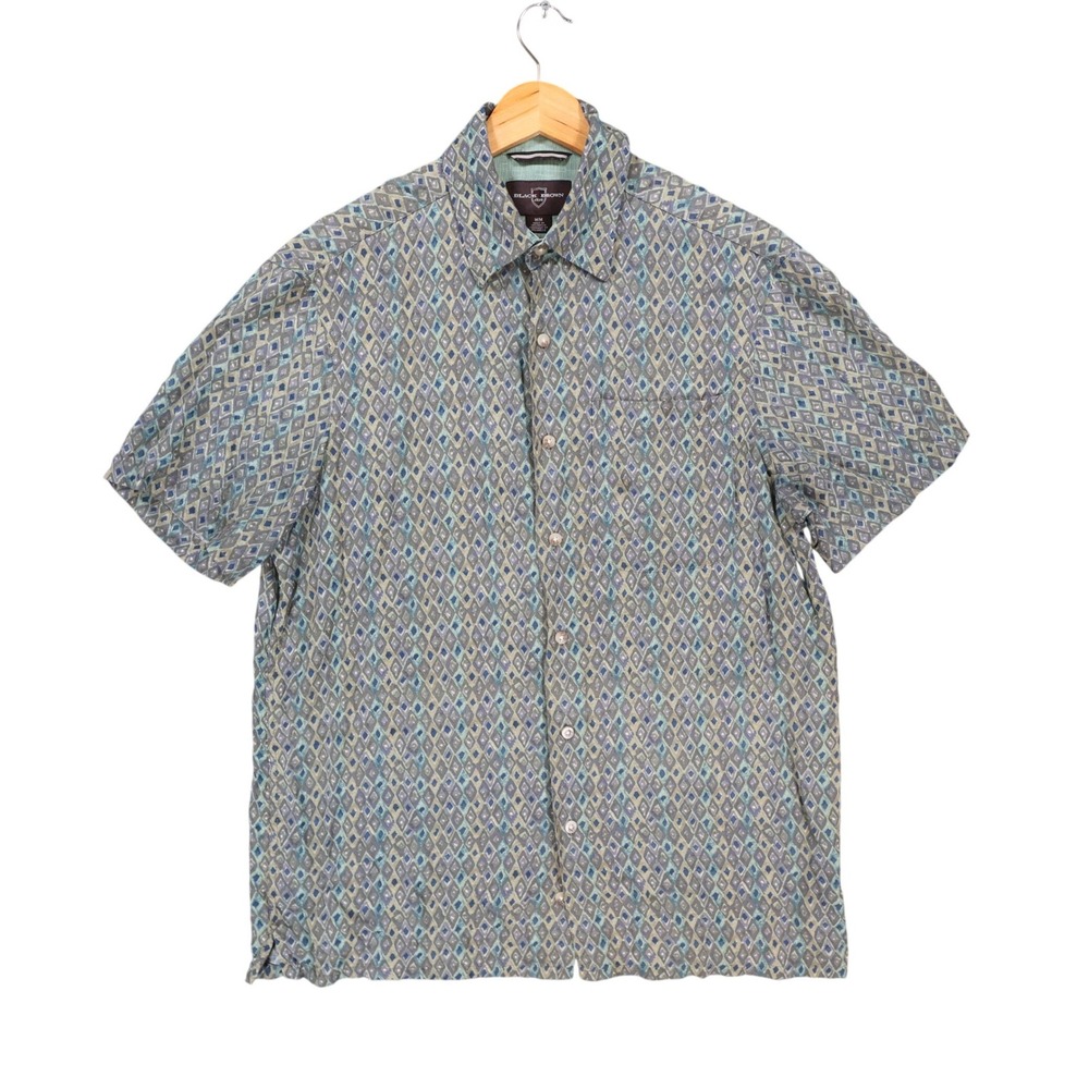 Black Brown 1826 Button Front Shirt Mens Medium Green Rayon Geometric Diamond